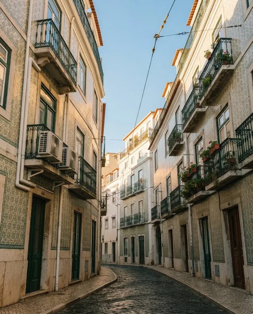 Rua de Campo de Ourique com fachadas de azulejo e unidades exteriores nas varandas