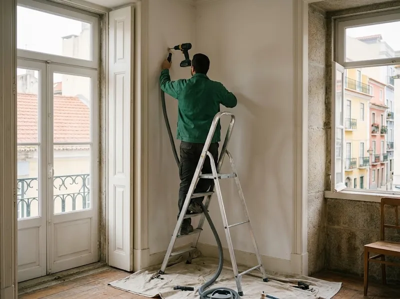 Técnico num escadote junto a uma janela alta