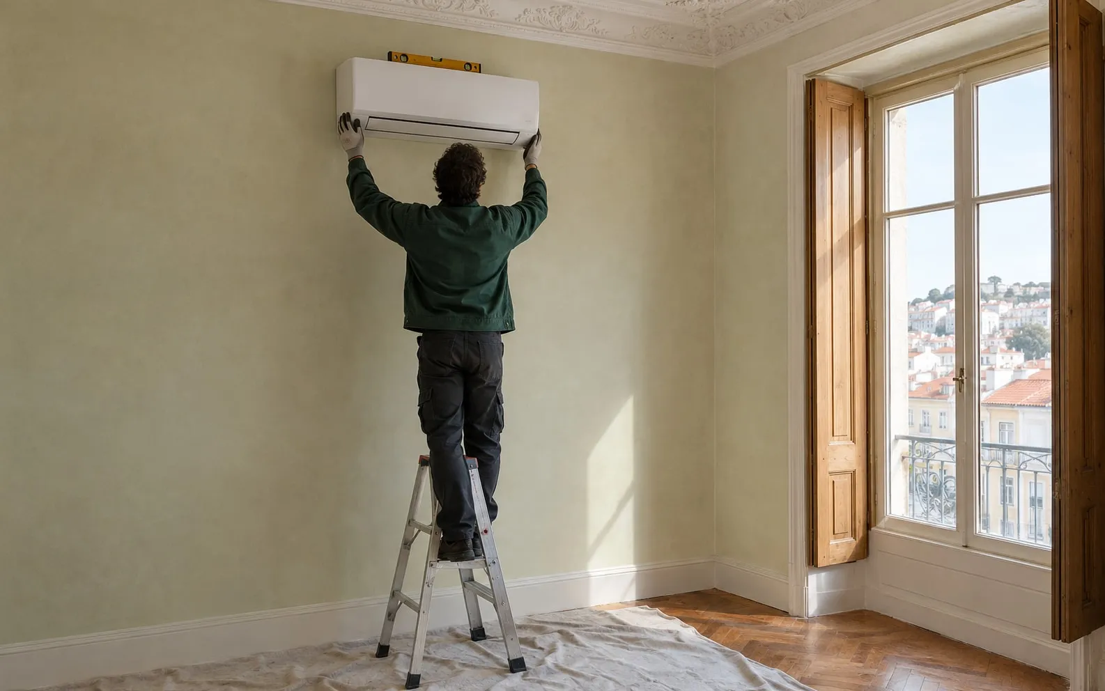 Técnico a fixar uma unidade interior de ar condicionado na parede de uma sala lisboeta de teto alto